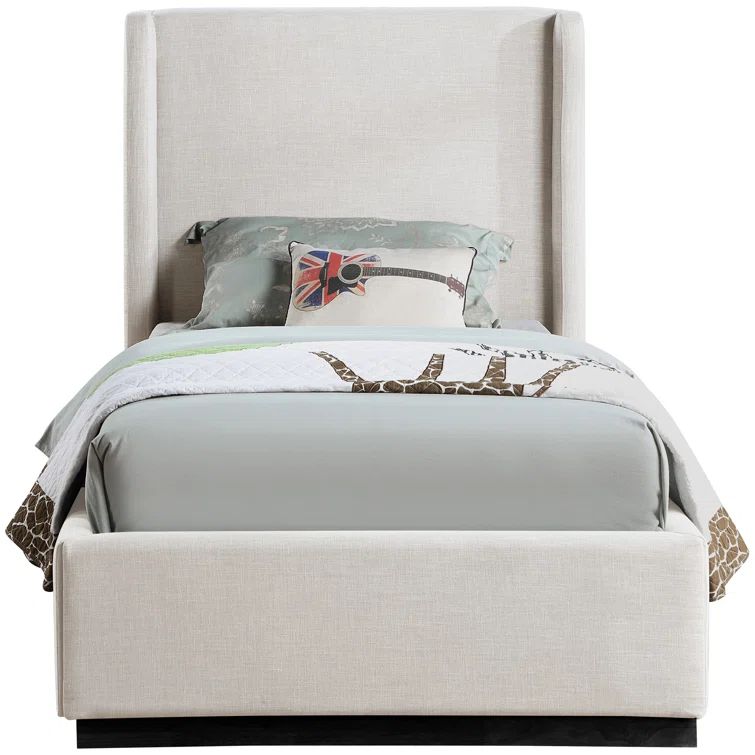 Beige Twin Linen Upholstered Wood Frame Bed with Headboard
