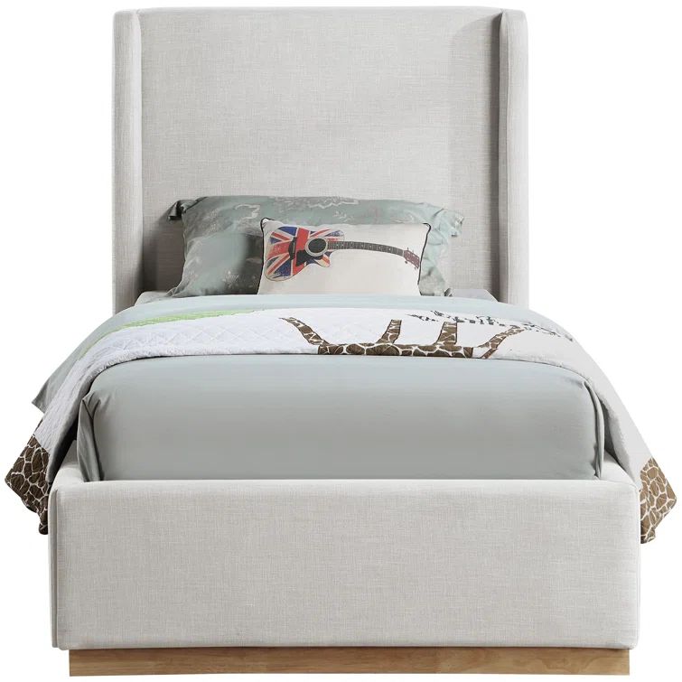 Cream Linen Twin Upholstered Wood Frame Bed with Tall Headboard