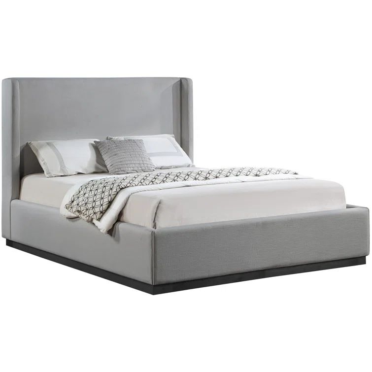 Gray Linen Upholstered Queen Bed with Tall Winged Headboard