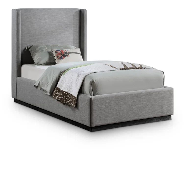 Gray Linen Twin Upholstered Wood Frame Bed with Tall Headboard