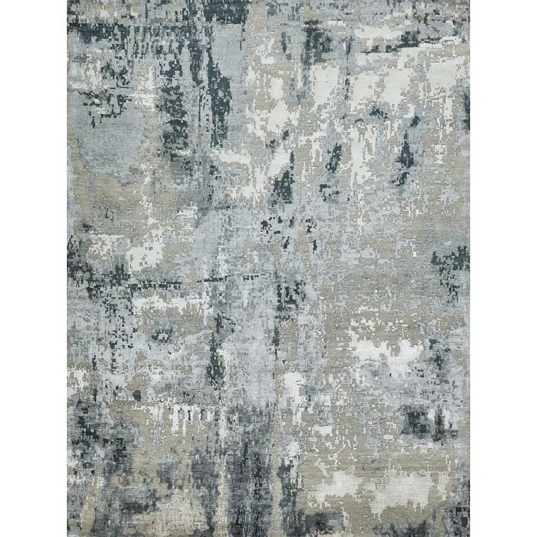 Gray Abstract Hand-Knotted Wool and Viscose 9' x 12' Area Rug