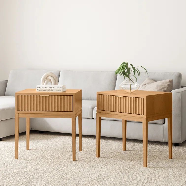 Natural Brown Fluted Wood Nightstand Set with Brass Handles