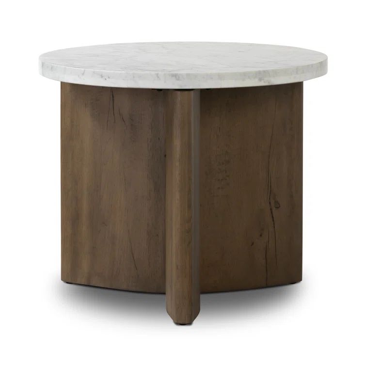 Rustic Fawn Oak and White Marble Round End Table