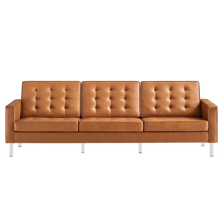 Silver Tan Tufted Faux Leather Sofa with Metal Frame