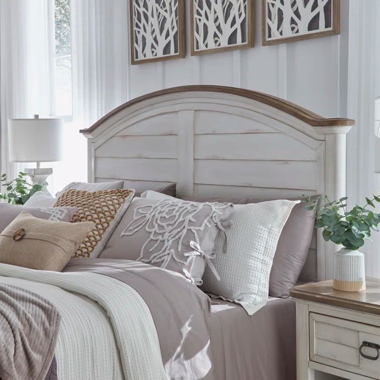 King White-Washed Wood Arched Panel Headboard with Storage