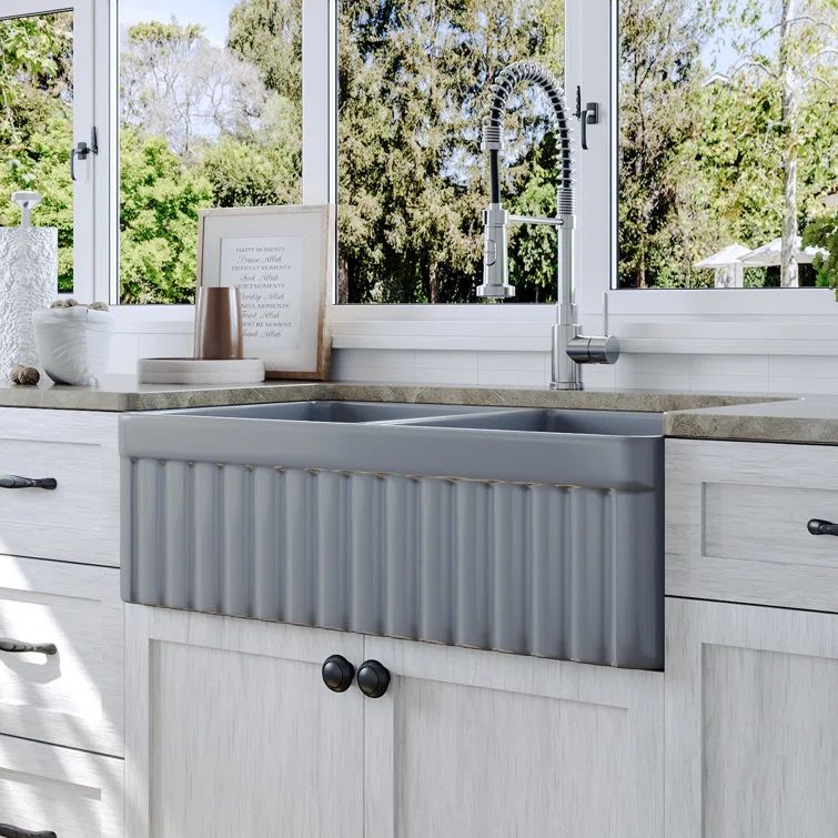 Gray Fireclay Double Bowl Farmhouse Kitchen Sink with Grid and Strainer