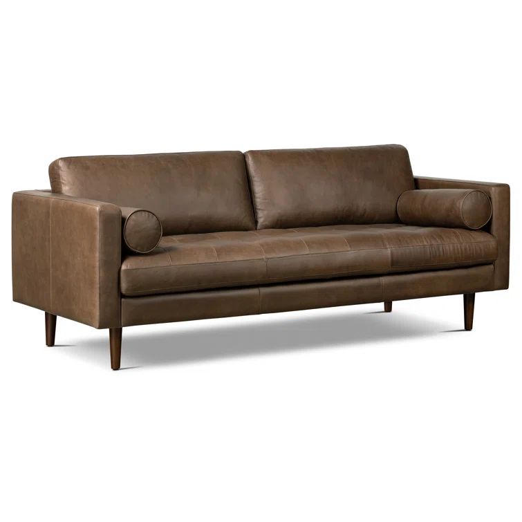 Napa Cocoa Brown Full-Grain Leather Sofa with Solid Wood Frame