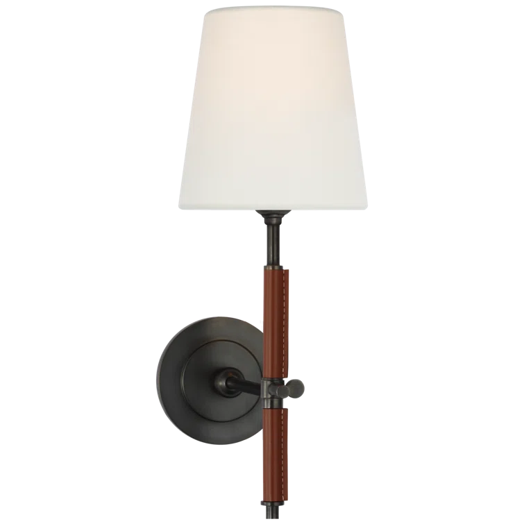 Bronze and Saddle Leather Wall Sconce with Linen Shade