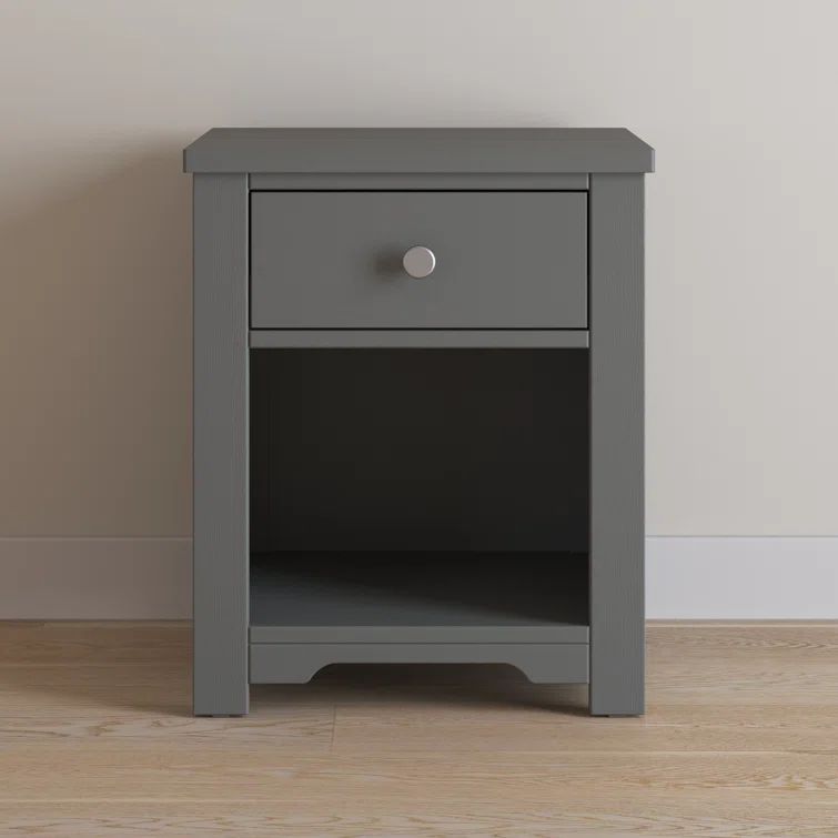 Brushed Pebble Pine Wood Nightstand with Drawer and Shelf
