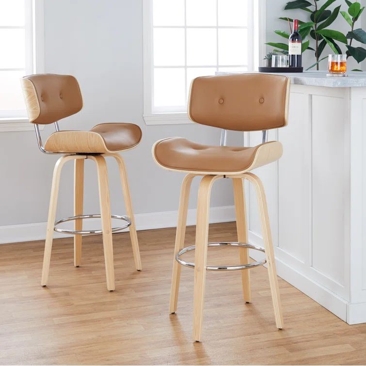 Camel Faux Leather and Natural Wood Swivel Counter Stools