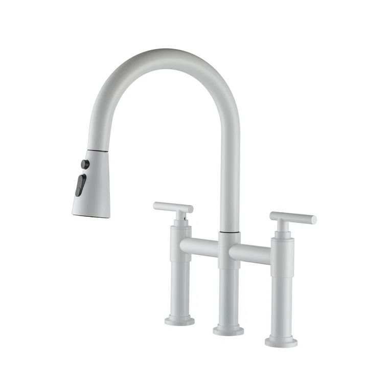 White Brass Dual Handle Pull-Out Spray Kitchen Faucet