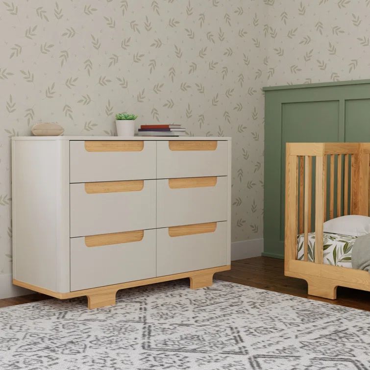 White and Natural Pinewood 6-Drawer Dresser with Arched Feet