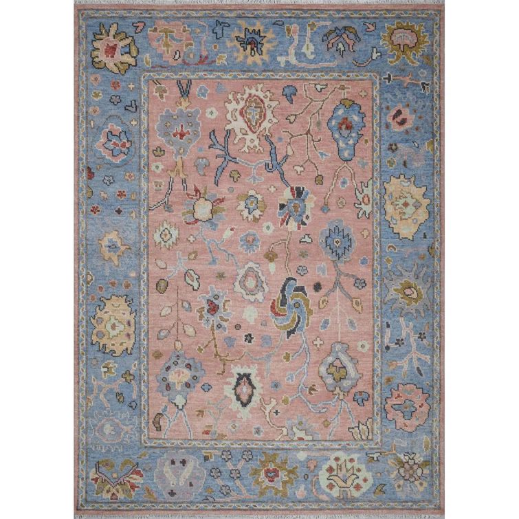 Hand-Knotted Blue Wool and Synthetic Rectangular Area Rug with Tassels