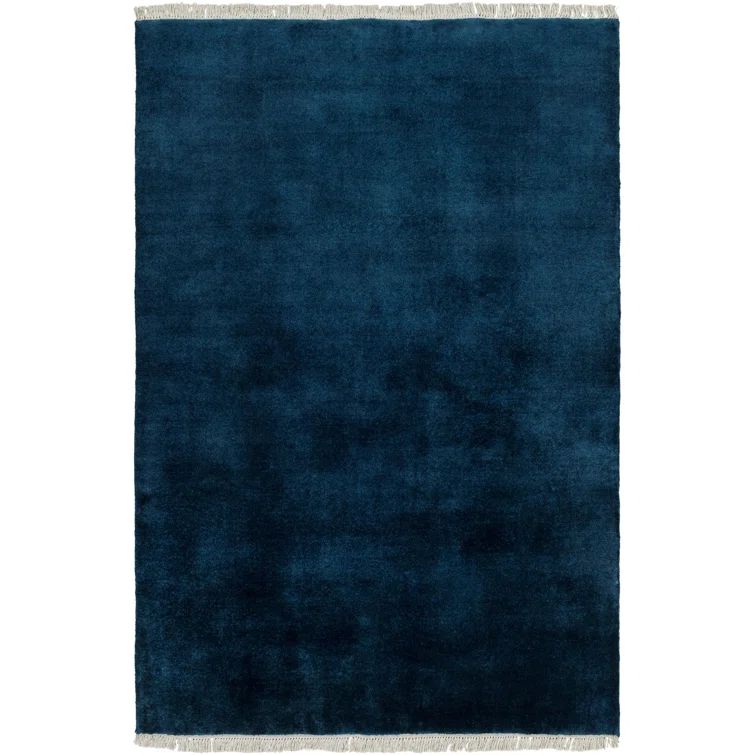 Handmade Blue Wool Rectangular Fringed Runner Rug
