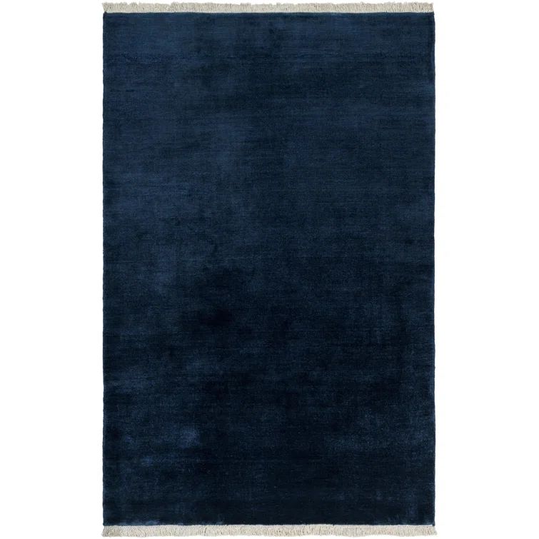 Hand Loomed Navy Wool Rug with Fringed Edges, 6' x 9'