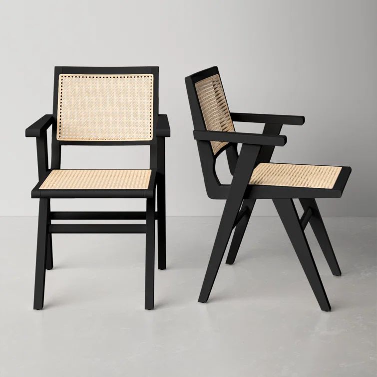 Elegant Coastal Black Wood and Natural Cane Armchair, 23"x33"