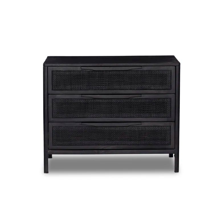 Black Mango Wood and Cane 3-Drawer Nightstand