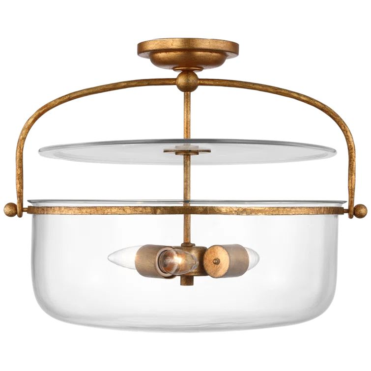 Gilded Iron and Clear Glass Drum Semi-Flush Mount Light