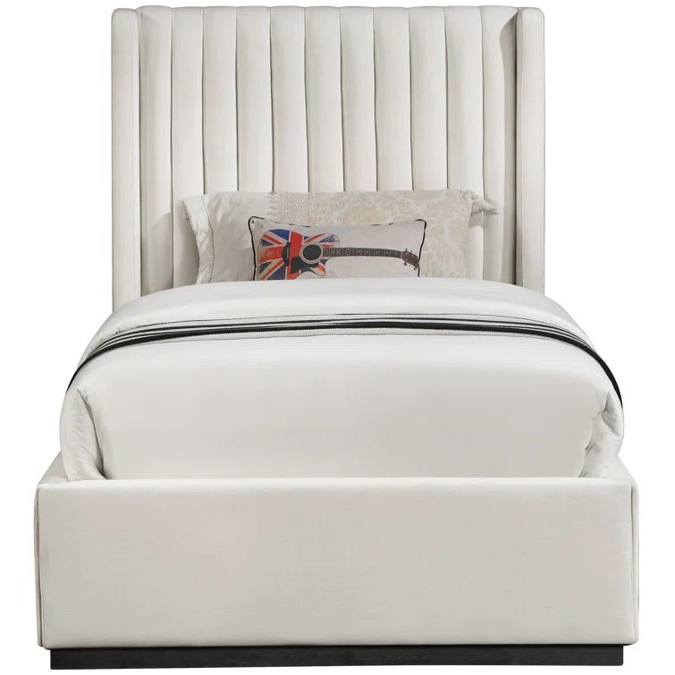 Beige Twin Linen Upholstered Wingback Bed with Tufted Headboard