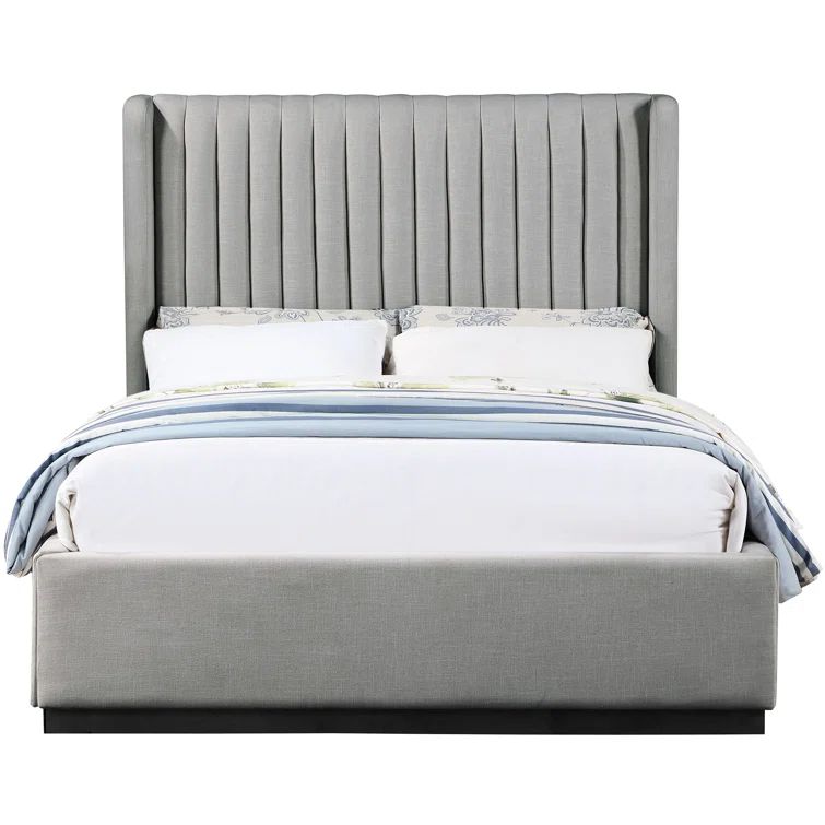 Gray Linen Upholstered Queen Wingback Bed with Tufted Headboard