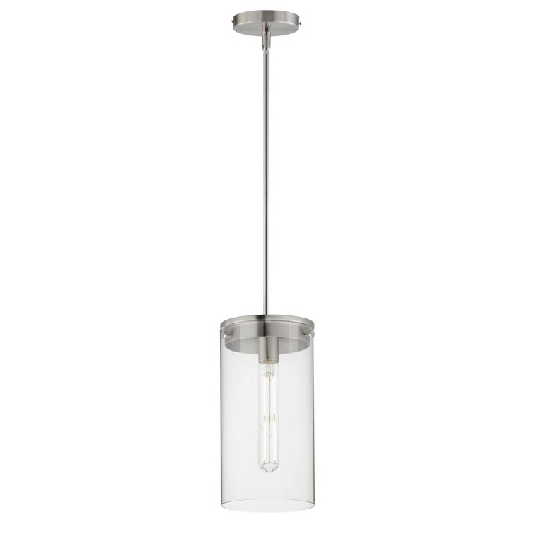 Large Satin Nickel Clear Glass Cylinder Pendant Light