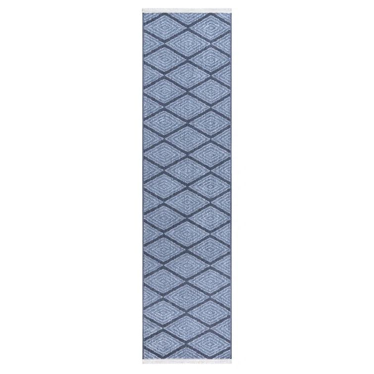 Blue Diamond Pattern Non-Slip Washable Polyester Runner Rug