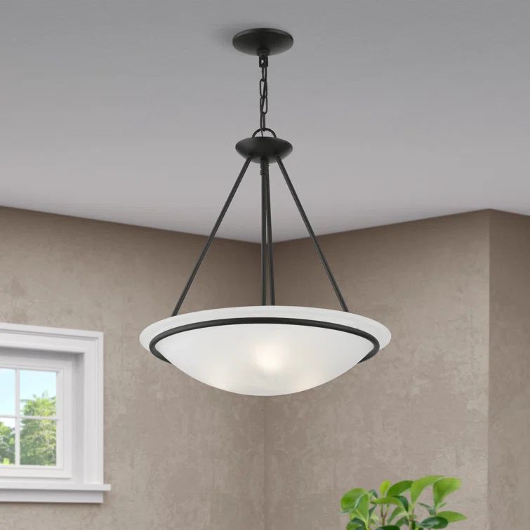Modern Black Brass 3-Light Bowl Pendant with White Alabaster Glass