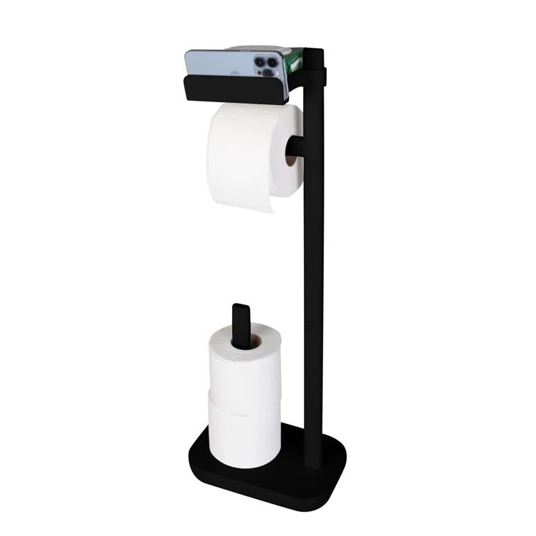 Black Metal Freestanding 3-in-1 Toilet Paper Holder with Adjustable Shelf