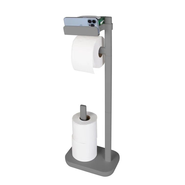 Gray Freestanding 3-in-1 Toilet Paper Holder with Adjustable Shelf