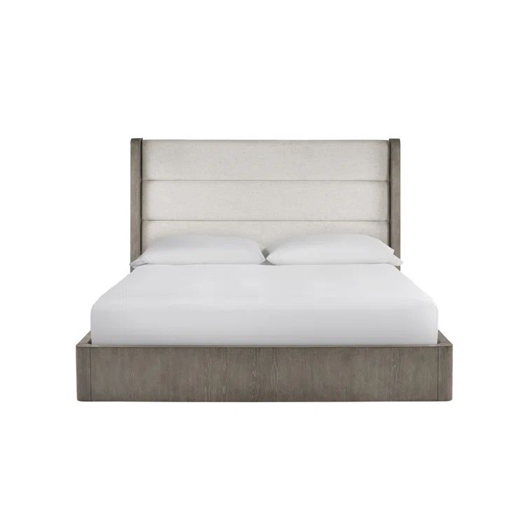 King Beige Upholstered Low Profile Bed with Wood Frame