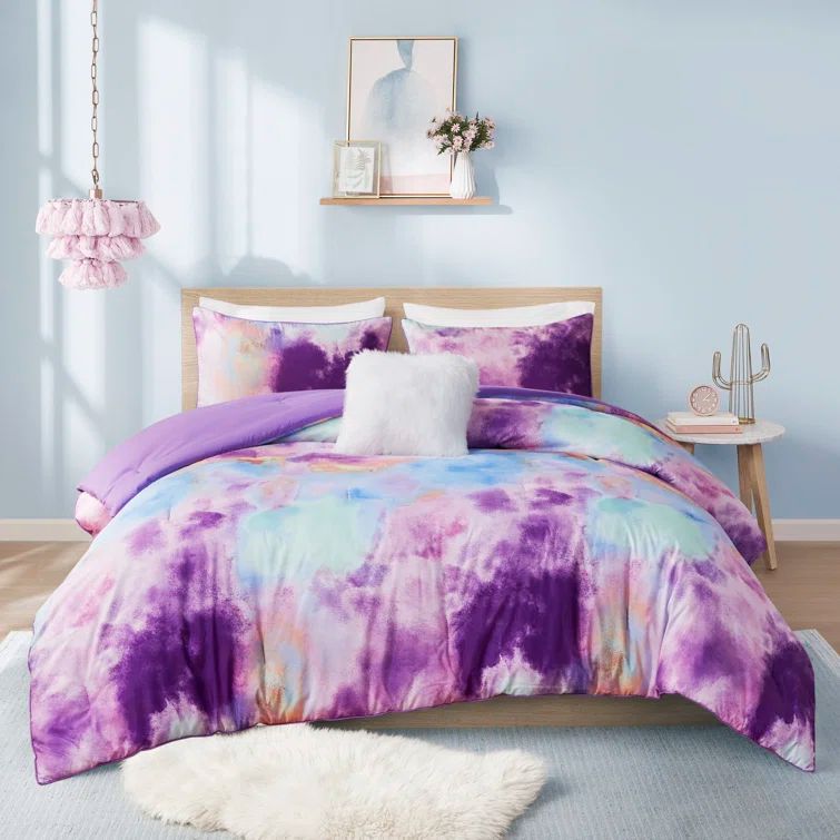 Lavender Full Microfiber Tie Dye Comforter Set with Decorative Pillow