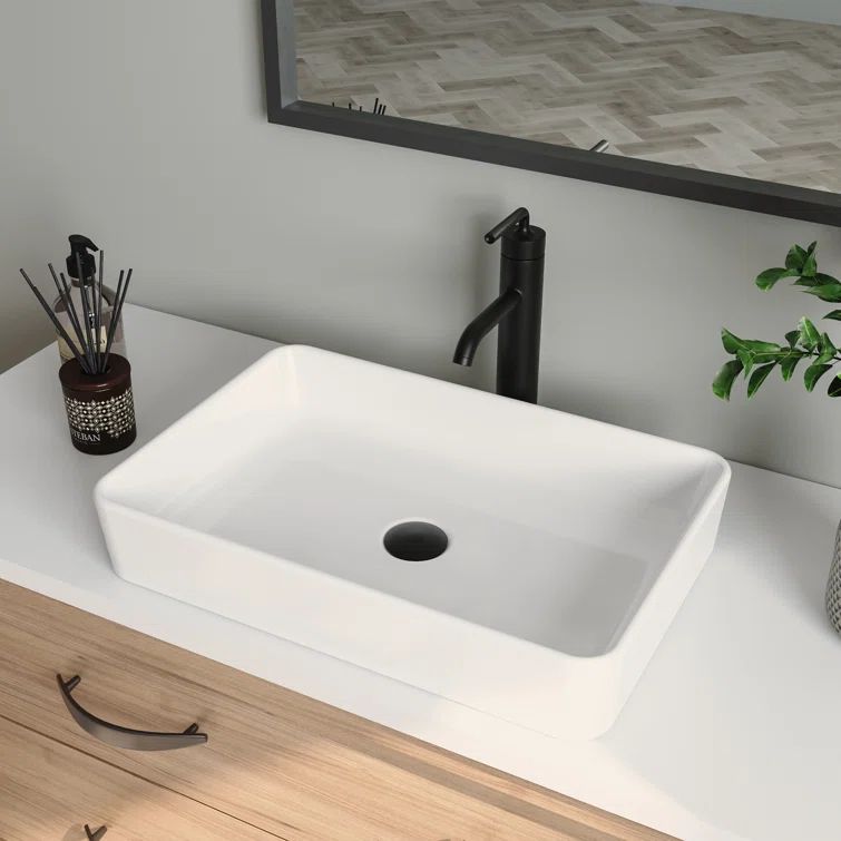 White Ceramic Rectangular Vessel Bathroom Sink