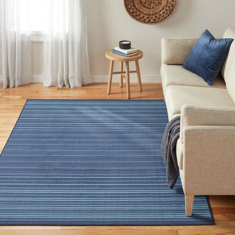 Layne Navy Blue and Light Blue Stripe Washable Synthetic Area Rug