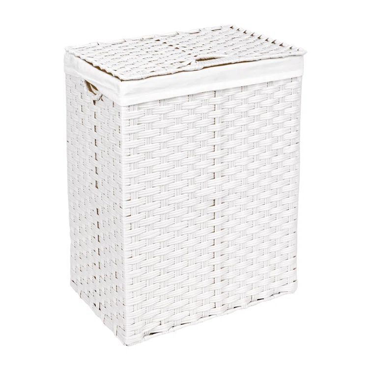 White Handwoven Collapsible Laundry Hamper with Lid