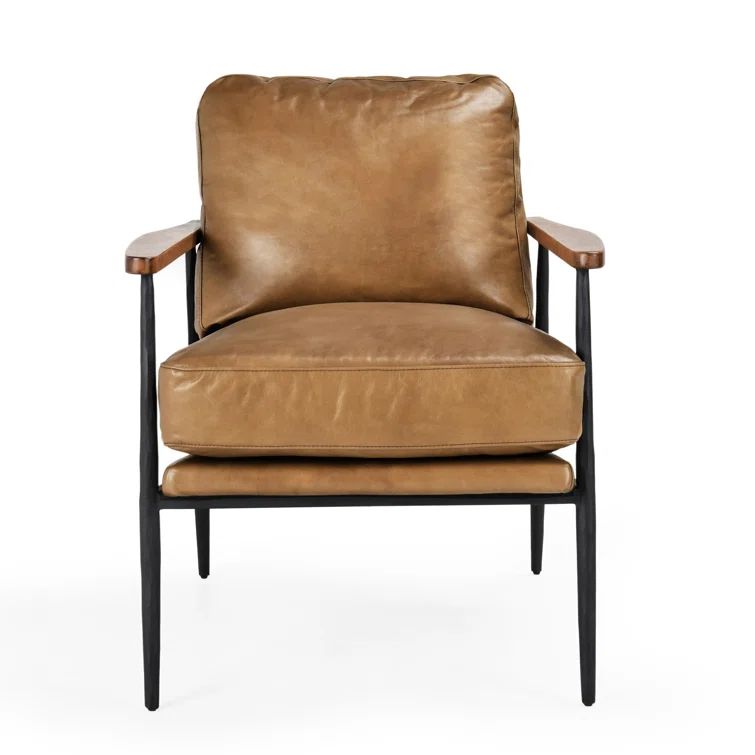Transitional Handcrafted Tan Leather Accent Chair with Metal Legs