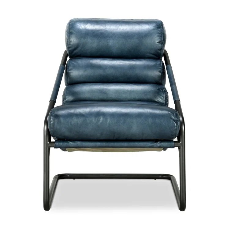 Handcrafted Blue Leather Barrel Accent Chair with Metal Frame