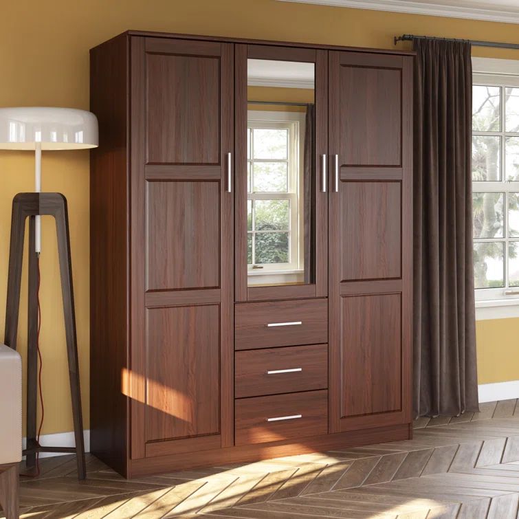 Mocha Solid Wood 3-Door Wardrobe Armoire with Mirror