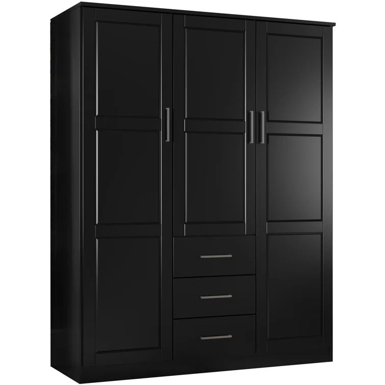 Black Solid Wood 3-Door Wardrobe Armoire with Mirror