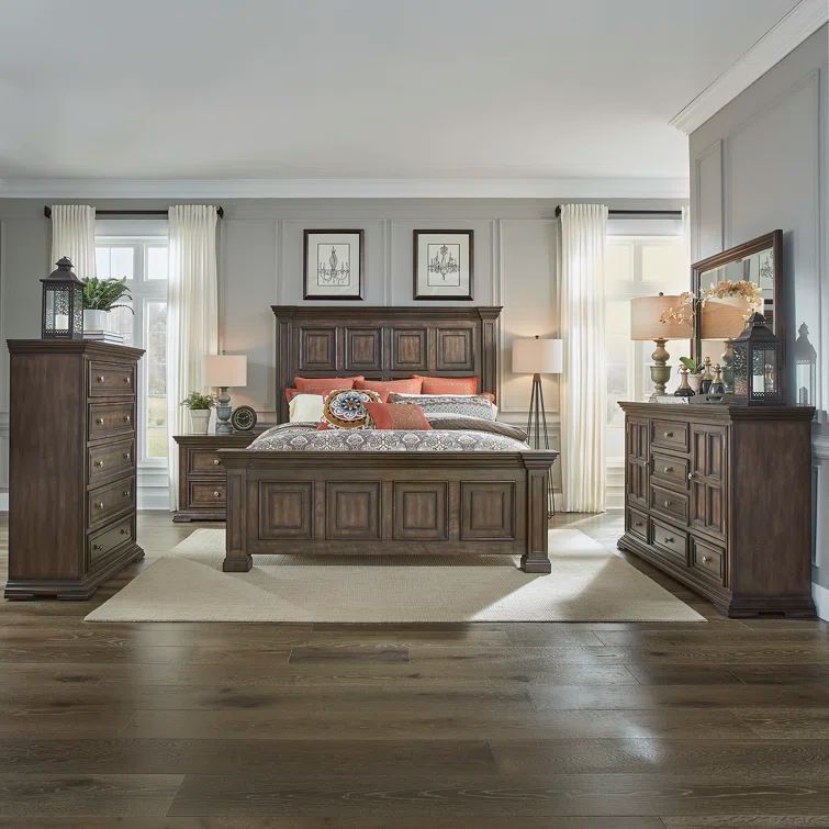 Brownstone Traditional Queen Panel Bed Set with Dresser and Mirror