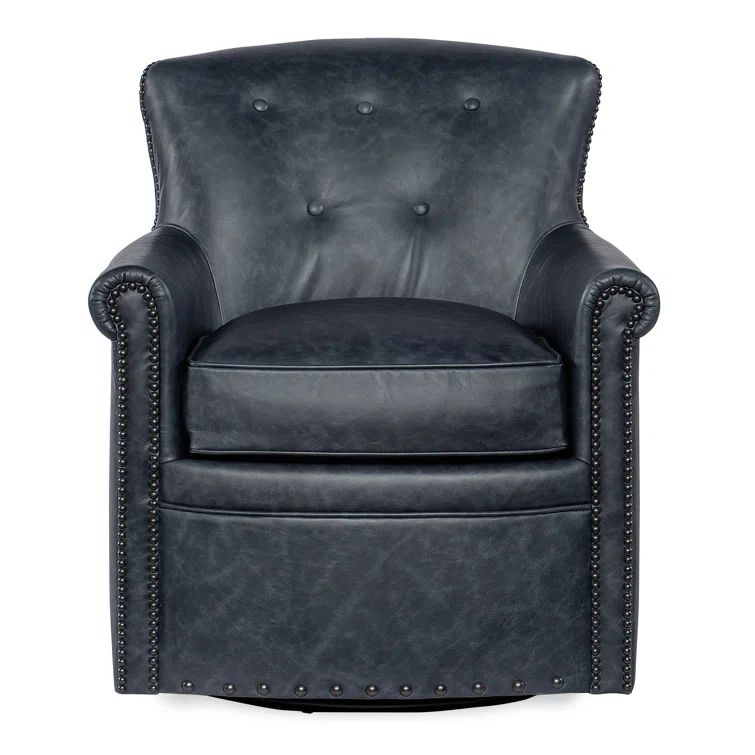 Blue Leather Swivel Accent Chair with Wood Frame