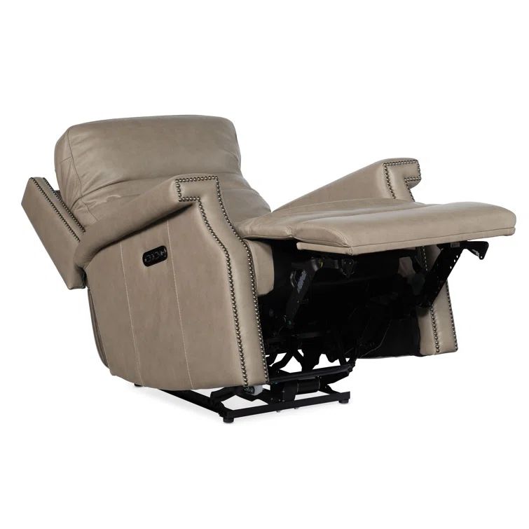 Gray Genuine Leather Transitional Recliner with Power Headrest