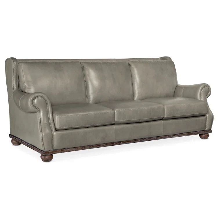Derrick Gray Leather Sofa with Dark Wood Finish