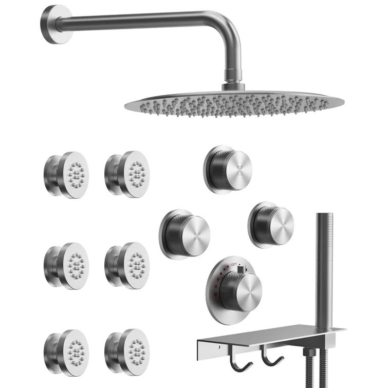 Nickel Thermostatic Rain Shower System with Handheld Spray and Body Jets