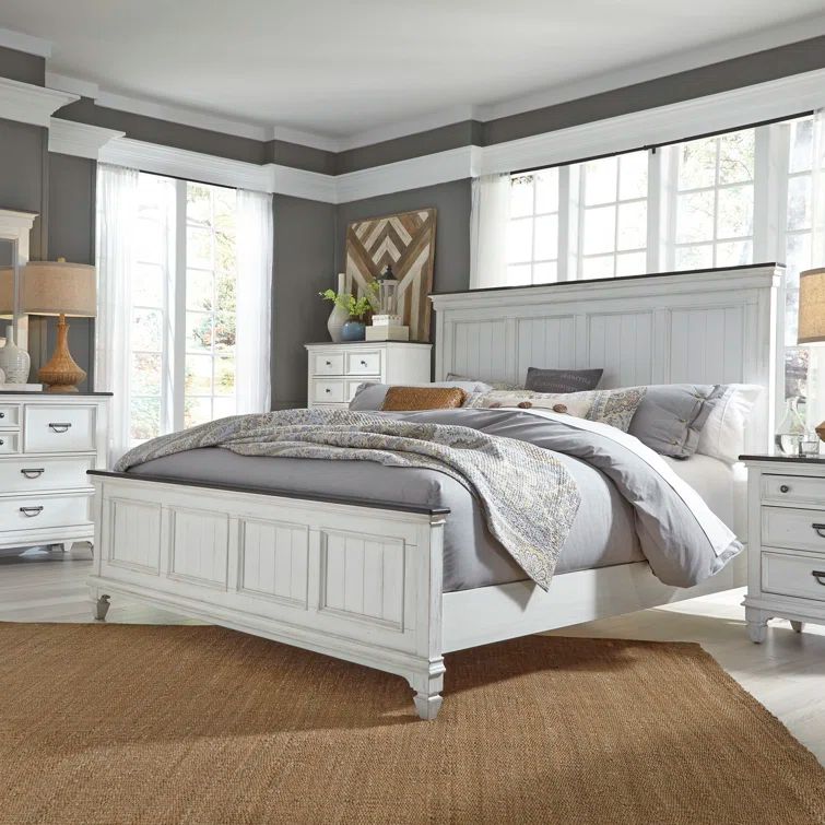 White Distressed Wood Queen Panel Bed Set with Dresser and Mirror