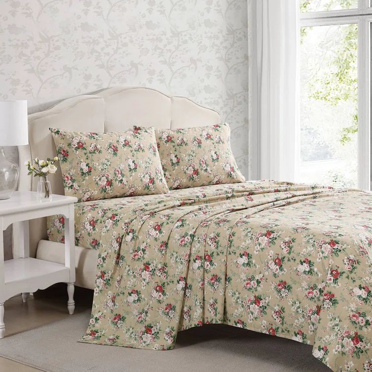 Ashfield Beige Floral Cotton Percale Full Sheet Set