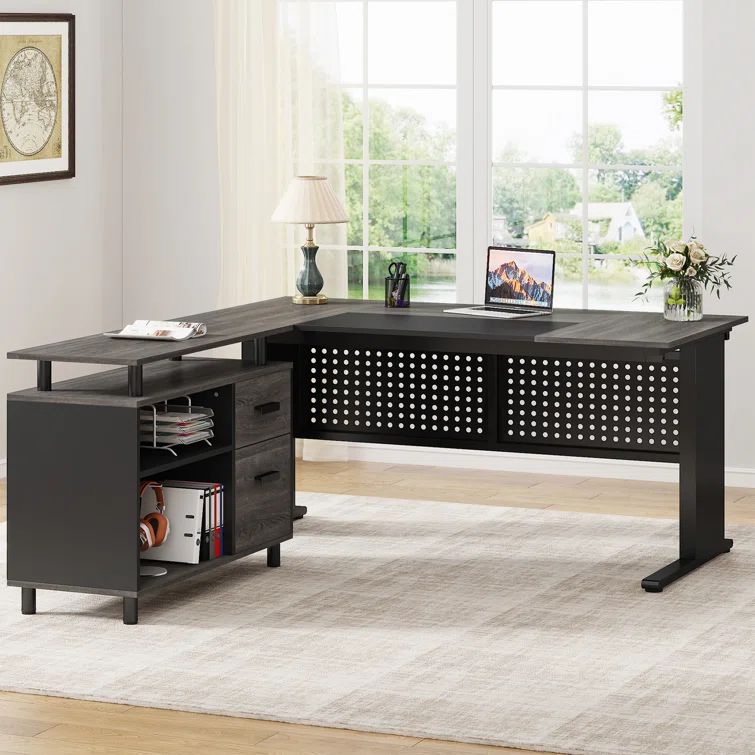 Gray and Black 63" L-Shaped Executive Desk with Filing Cabinet and Drawers