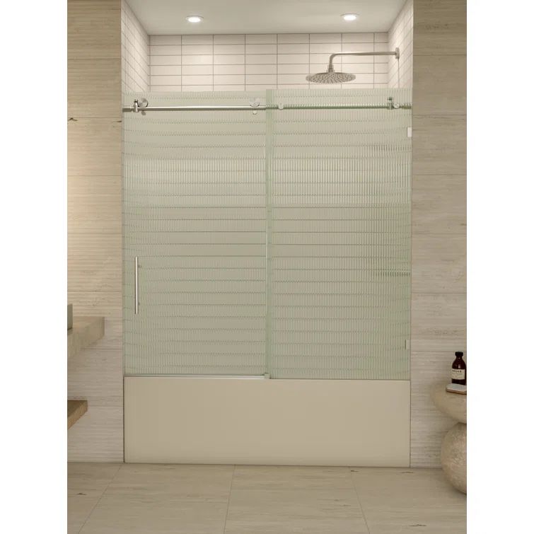 Galaxy 60" Frameless Fluted Glass Sliding Bathtub Door in Brushed Nickel
