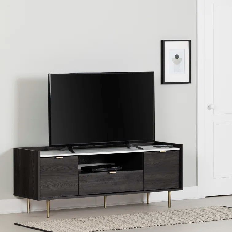 Gray Oak and Faux Carrara Marble TV Stand with Storage Cabinets