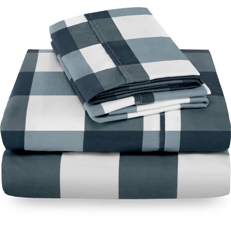 King Gingham Blue Cotton Polyester Microfiber Sheet Set