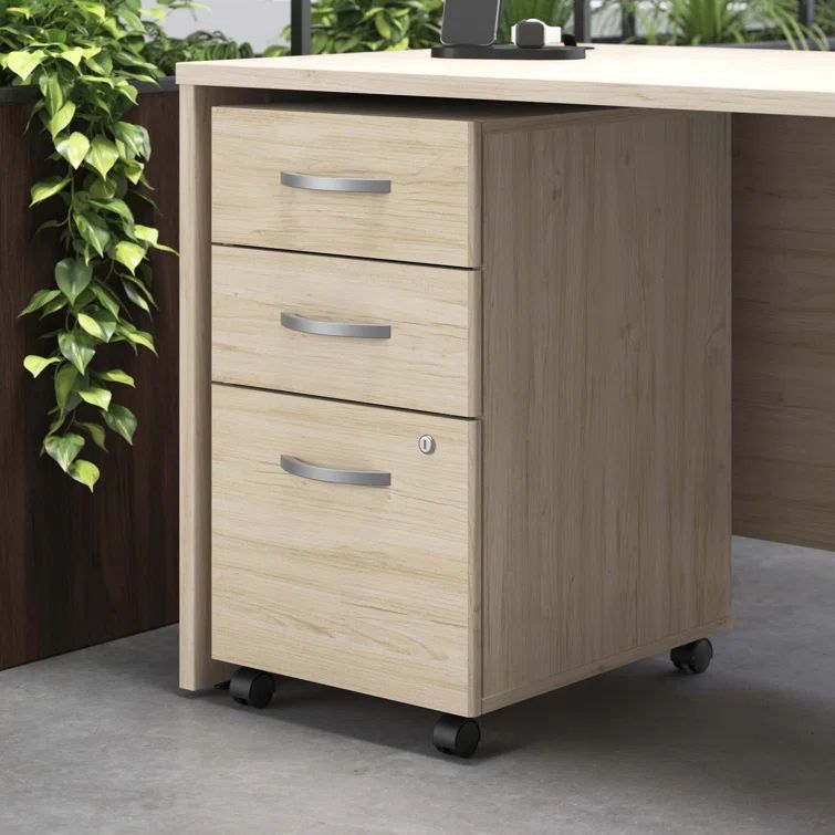 Natural Elm 3 Drawer Mobile File Cabinet with Lockable Storage